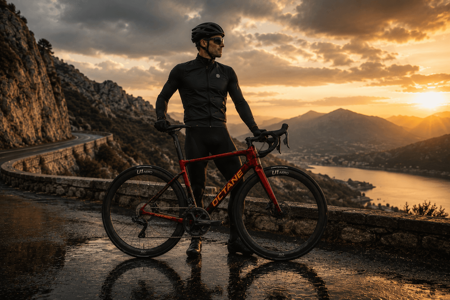 Rider at summit with OCTANE Apex at sunset